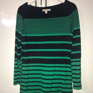 Long sleeved blue & green striped short dress.